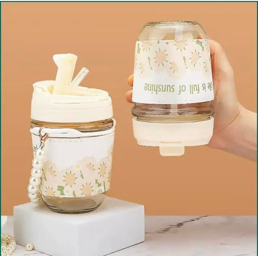 KELVEE Glass Coffee Tumbler with Lid and Straw Pack of 1, Milk Mug with Pearl Chain Belt & Leather Grip Reusable Travel Sipper Cute Mugs for Girls for Juice Smoothies iced Tea Cups, 350 Ml (Ivory)
