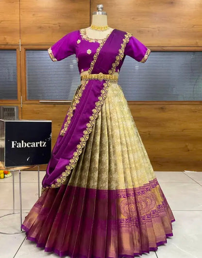 Beautiful Embroidery work Unstitched Half Saree with Woven Design & Rangoli Embroidery Dupatta For Women