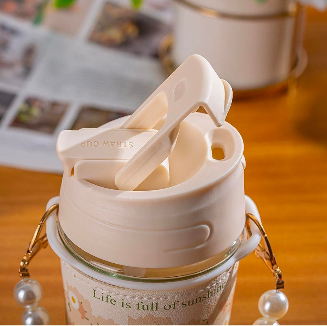 KELVEE Glass Coffee Tumbler with Lid and Straw Pack of 1, Milk Mug with Pearl Chain Belt & Leather Grip Reusable Travel Sipper Cute Mugs for Girls for Juice Smoothies iced Tea Cups, 350 Ml (Ivory)