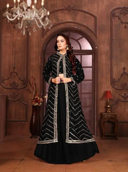 Fox Gorgette crop top an lehanga Set With Stiched Embrodery Jacket fox georgette lehenga set| crop top lehenga set| embroidered jacket lehenga| designer lehenga set| festive wear lehenga| party wear lehenga| traditional lehenga set| women’s lehenga set| e