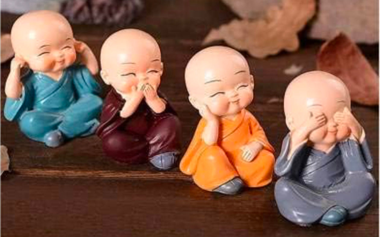 Small Set of 4 Baby Monk Buddha Showpiece Polyresin Car Dash, Living Room, Office Decoration Status (4 Baby Monk, Multicolour)
