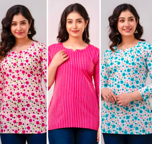 Women's Printed Short Kurti (Pack of 3) - Cotton Casual Kurtis Combo Set | Trendy, Comfortable & Stylish