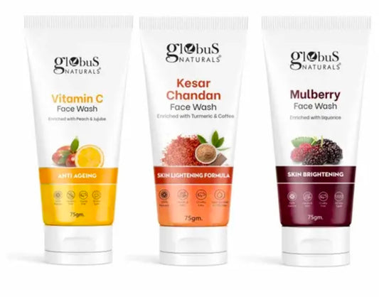 GlOBUS NATURALS Face Wash Combo For All Skin Types,Set For 3 Vitamin C Face Wash,Kesar Chandan Face Wash & Mulberry Face Wash,( 75 gm Each )