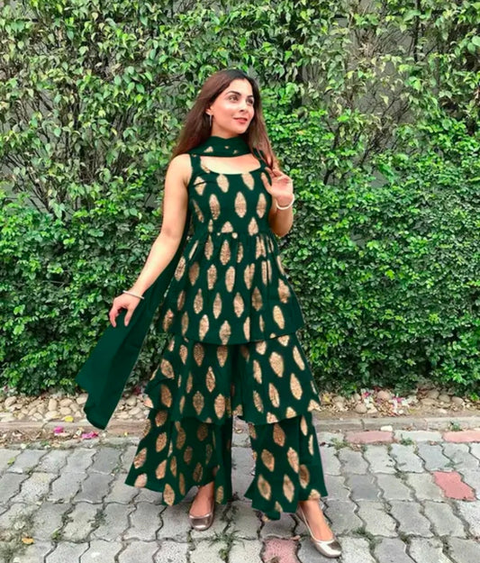 Women's Beautiful Traditional Rayon Printed Kurta Sharara And Net Dupatta Set