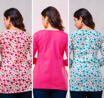 Women's Printed Short Kurti (Pack of 3) - Cotton Casual Kurtis Combo Set | Trendy, Comfortable & Stylish