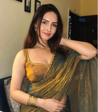 Gold & Rama Green Two-Tone Soft Fancy Chiffon Silk Designer Saree with Beads & Stones, Gumming Lace Border, Embellished Partywear Wedding Sari for Festivals, Marriage, Gatherings – 6.3 Meter Length Including Running Blouse Piece – Lace Work Bollywood-Insp