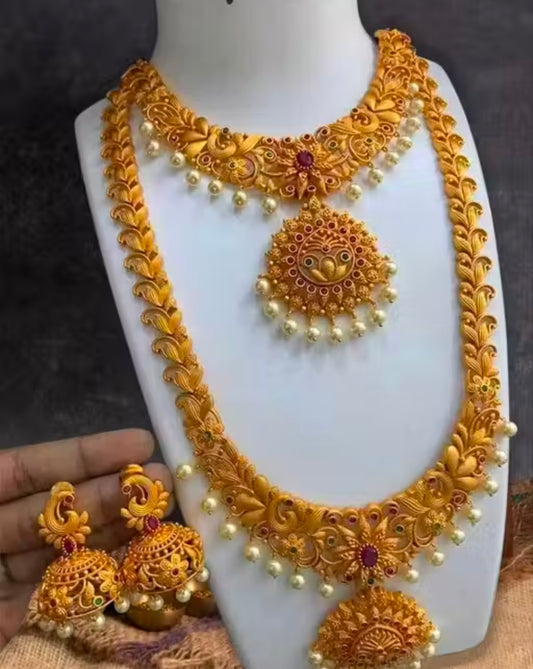 South Indian Bridal Double Necklace With Earring Jewellery Set For Indian Bride