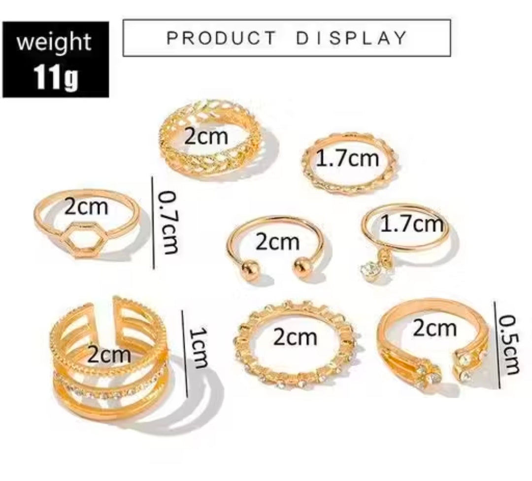 Vembley Gold Plated 8 Piece White Crystal Drop Heart Multi Designs Ring Set For Women & Girls