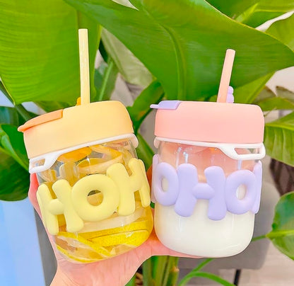sargis Glass Tumbler Mug with Lid Silicon Sleeve/Hot and Cold Beverages Travel Bottle Smoothies Fruit Juice Jar Sipper Bottle with Straw Tea Milk Mug for Women Teen Girls, 280 milliliters, Assorted (Pack of 2)
