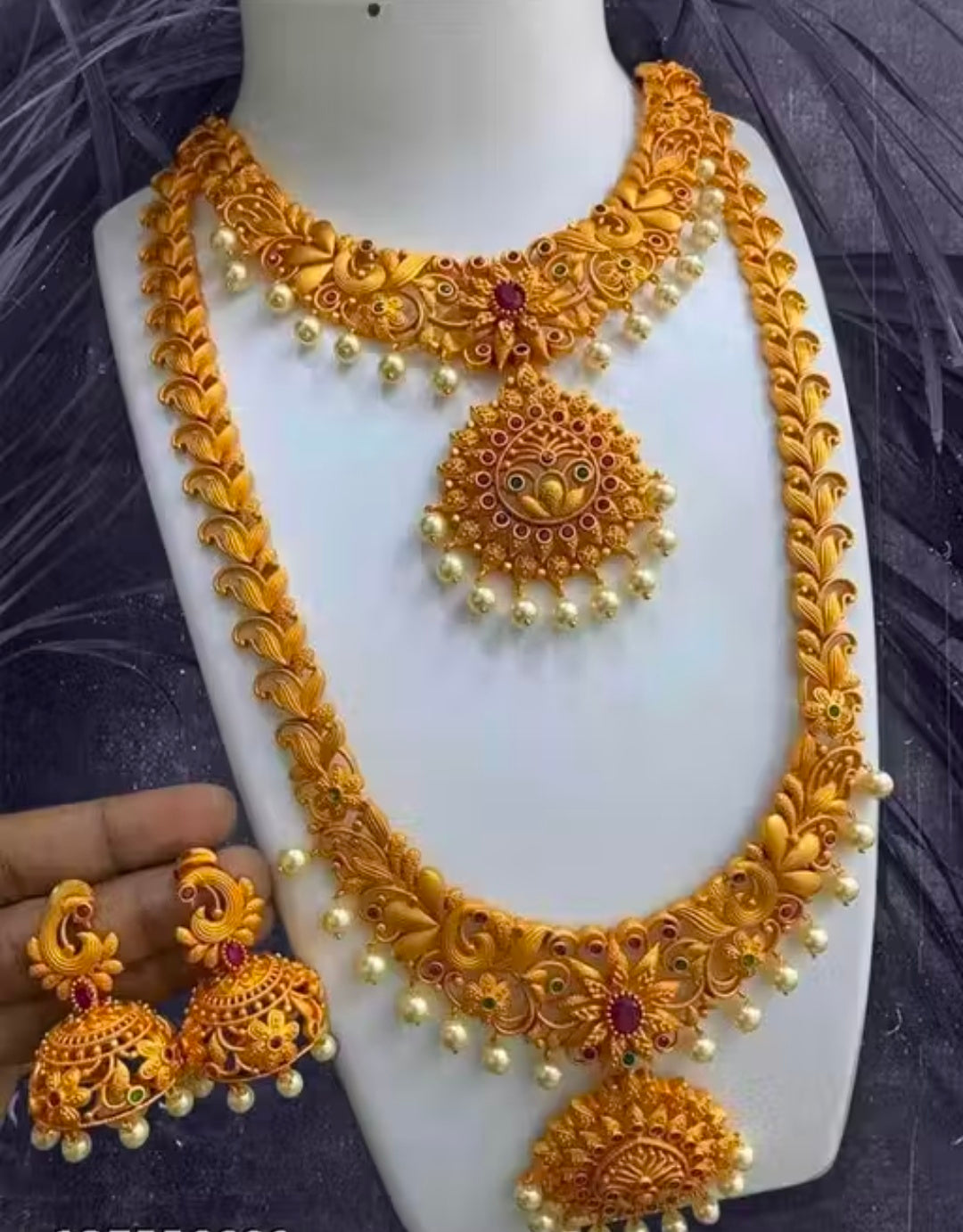 NAGNESHI ART South Indian Bridal Double Necklace With Earings Jwellery Set For Indian Bride