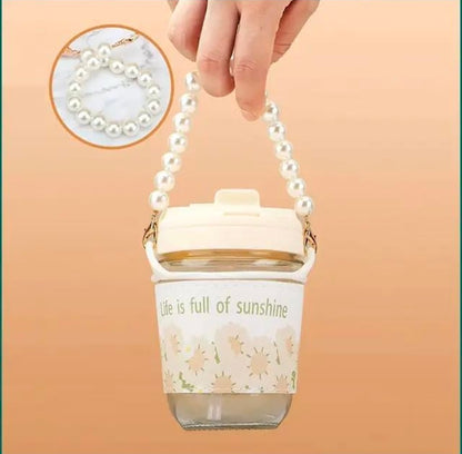 KELVEE Glass Coffee Tumbler with Lid and Straw Pack of 1, Milk Mug with Pearl Chain Belt & Leather Grip Reusable Travel Sipper Cute Mugs for Girls for Juice Smoothies iced Tea Cups, 350 Ml (Ivory)