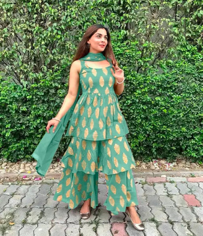 Women's Beautiful Traditional Rayon Printed Kurta Sharara And Net Dupatta Set