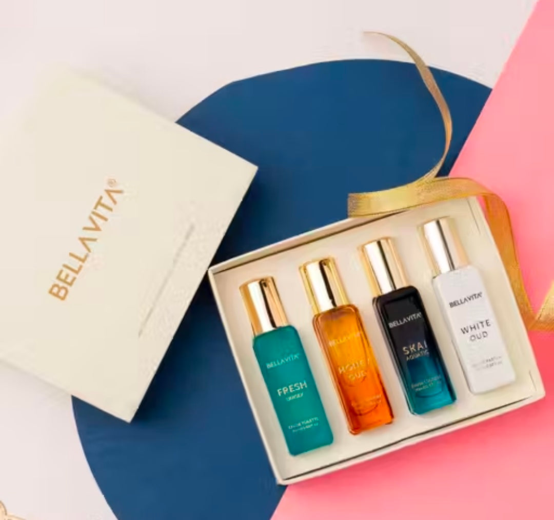 Bella Vita Organic Unisex Luxury Perfume Gift Set 4×20 ML( SKAI,FRESH,WHITEOUD,HONEYOUD ) for men & women ( pack of 4 )