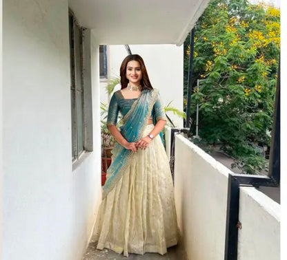 Net Embroidered Semi-Stitched Lehenga with Unstitched Blouse