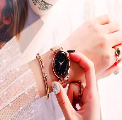 Premium Black Round Diamond Dial with Latest Generation Rosegold Magnet Belt Analogue Watch for Women Pack of - 1 (DM-ROSEGOLD03)