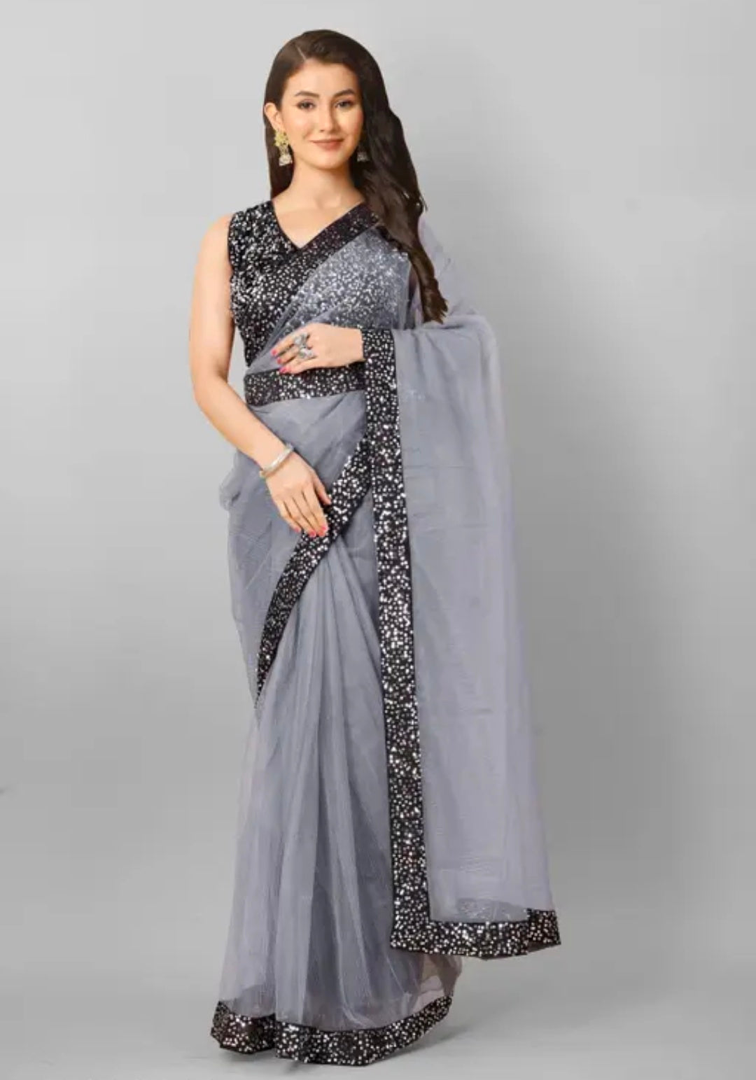 PLERIZA Women's Net Embroidered Sequence Work With Attractive belt sariii and Unstitched Blouse Piece