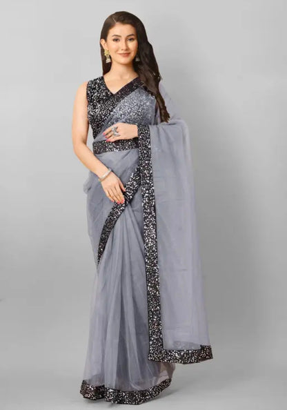PLERIZA Women's Net Embroidered Sequence Work With Attractive belt sariii and Unstitched Blouse Piece