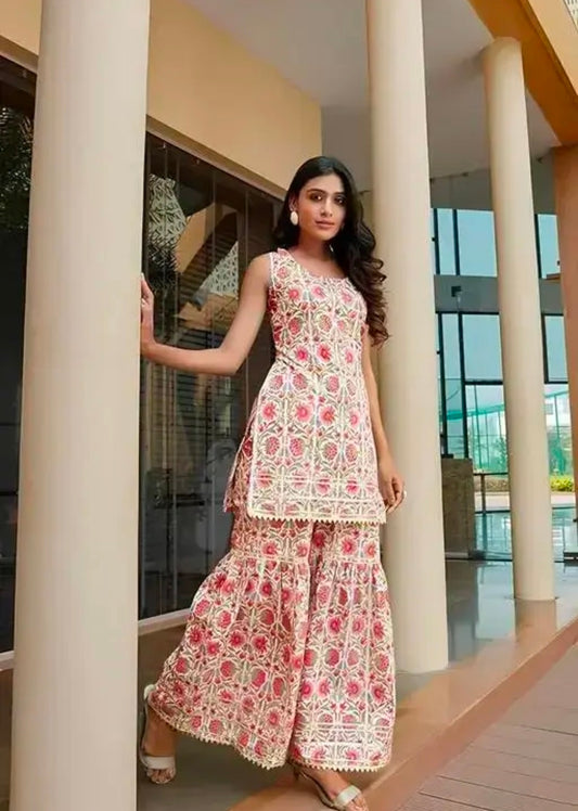 Women's Beautiful Traditional Rayon Printed Kurta With Sharara Set
