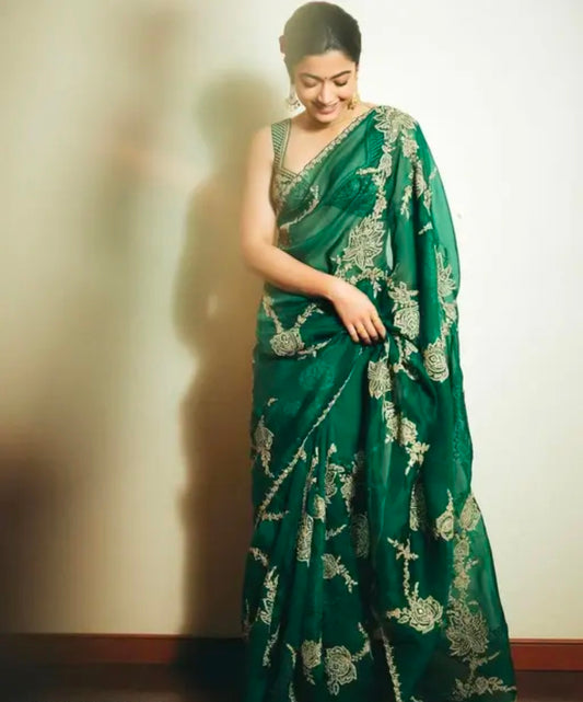 Bharodiya Enterprises Women's Trending Bollywood starrer Traditional Wedding and Party Wera Organza Sequence Saree With Work Blouse