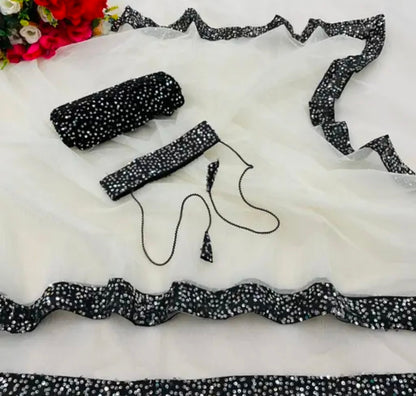 PLERIZA Women's Net Embroidered Sequence Work With Attractive belt sariii and Unstitched Blouse Piece