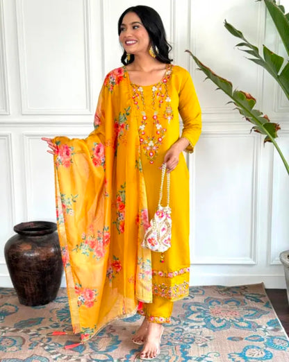 Women's Embroidered Yellow Kurta and Pant with Dupatta Set |elegant kurta set | festive attire for women | embroidered kurta with dupatta | traditional wedding outfit | comfortable ethnic wear | Yellow Suit |