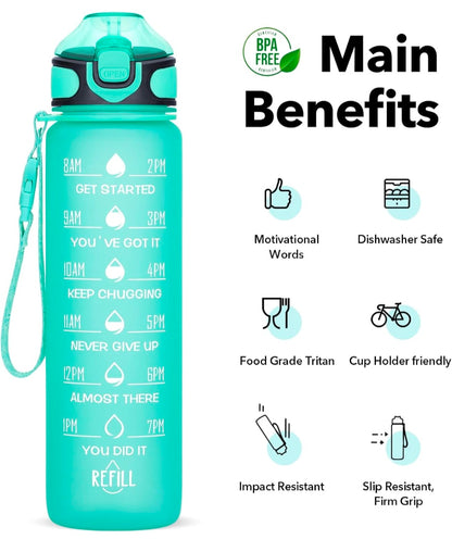 REFULGIX 1L Motivational Sipper Water Bottle with Straw & Time Marker | Leakproof BPA-Free Plastic Sports Bottle for Gym, Office, School, Home & Outdoor (Assorted)