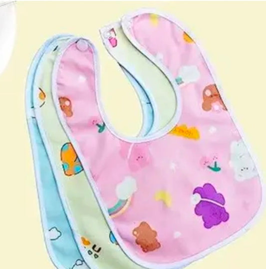 Baby Button Bibs/Apron Cute Overall Print with Tich Button| Soft Cotton Fabric with PVC on Back/Quick Absorption & Fast Drying for Babies/Newborns/Infants (Pack of 2)