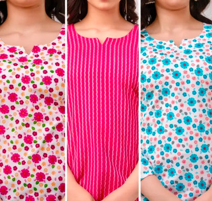 Women's Printed Short Kurti (Pack of 3) - Cotton Casual Kurtis Combo Set | Trendy, Comfortable & Stylish