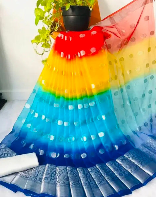 ORGANZA MULTY COLOUR SAREE, FANCY ORGANZA SAREE, ORGANZA SILK SAREE, 3D COLOUR SAREE HOLI SAREE
