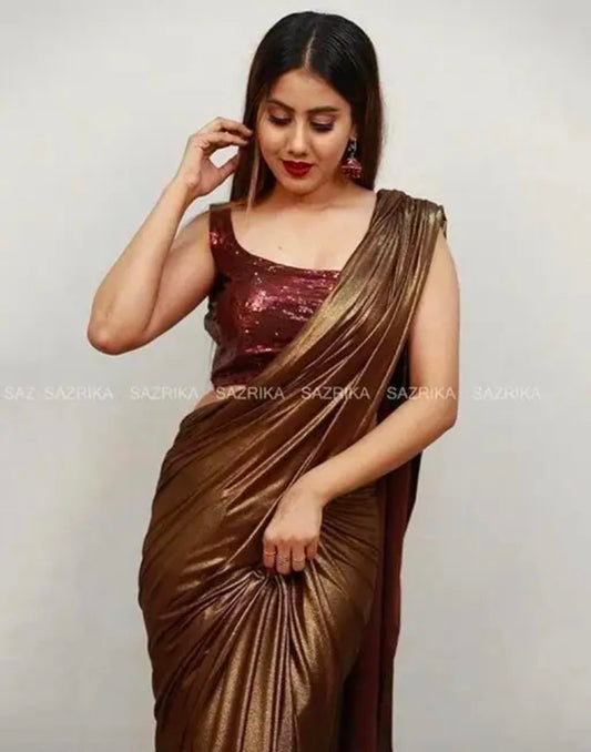 The Fashionology, Women's Plain Lycra Silk Saree With Unstitched Blouse Piece | Bollywood Style, Party/Casual Wear Saree | Length 5.5 Meter | Get a Free Golden Belt | With a Free Scrunchies