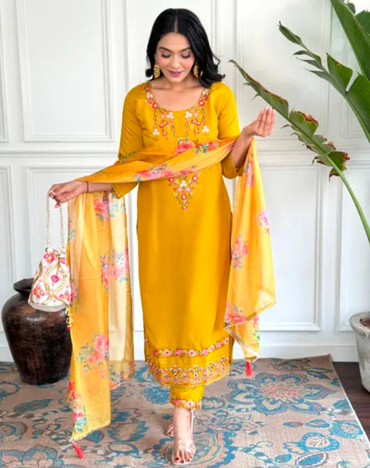 Women's Embroidered Yellow Kurta and Pant with Dupatta Set |elegant kurta set | festive attire for women | embroidered kurta with dupatta | traditional wedding outfit | comfortable ethnic wear | Yellow Suit |