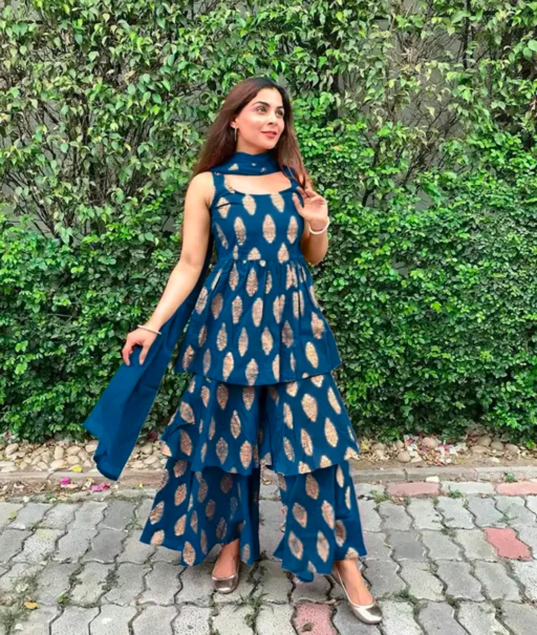 Women's Beautiful Traditional Rayon Printed Kurta Sharara And Net Dupatta Set