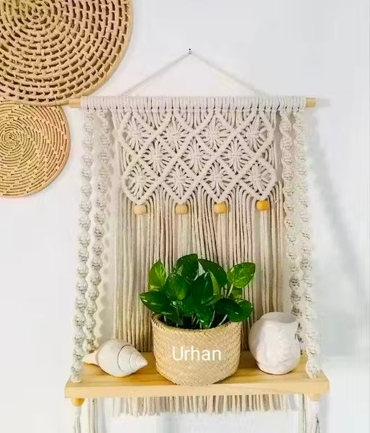 Urhan Hanging Shelf|Macrame Wall Hanging Shelf|Living Room Wall Decor|Sustainable Floating Macrame Wooden Shelf|Macrame Shelf for Hanging Plant(White)