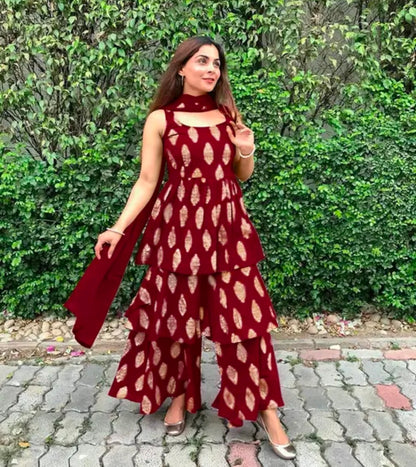 Women's Beautiful Traditional Rayon Printed Kurta Sharara And Net Dupatta Set