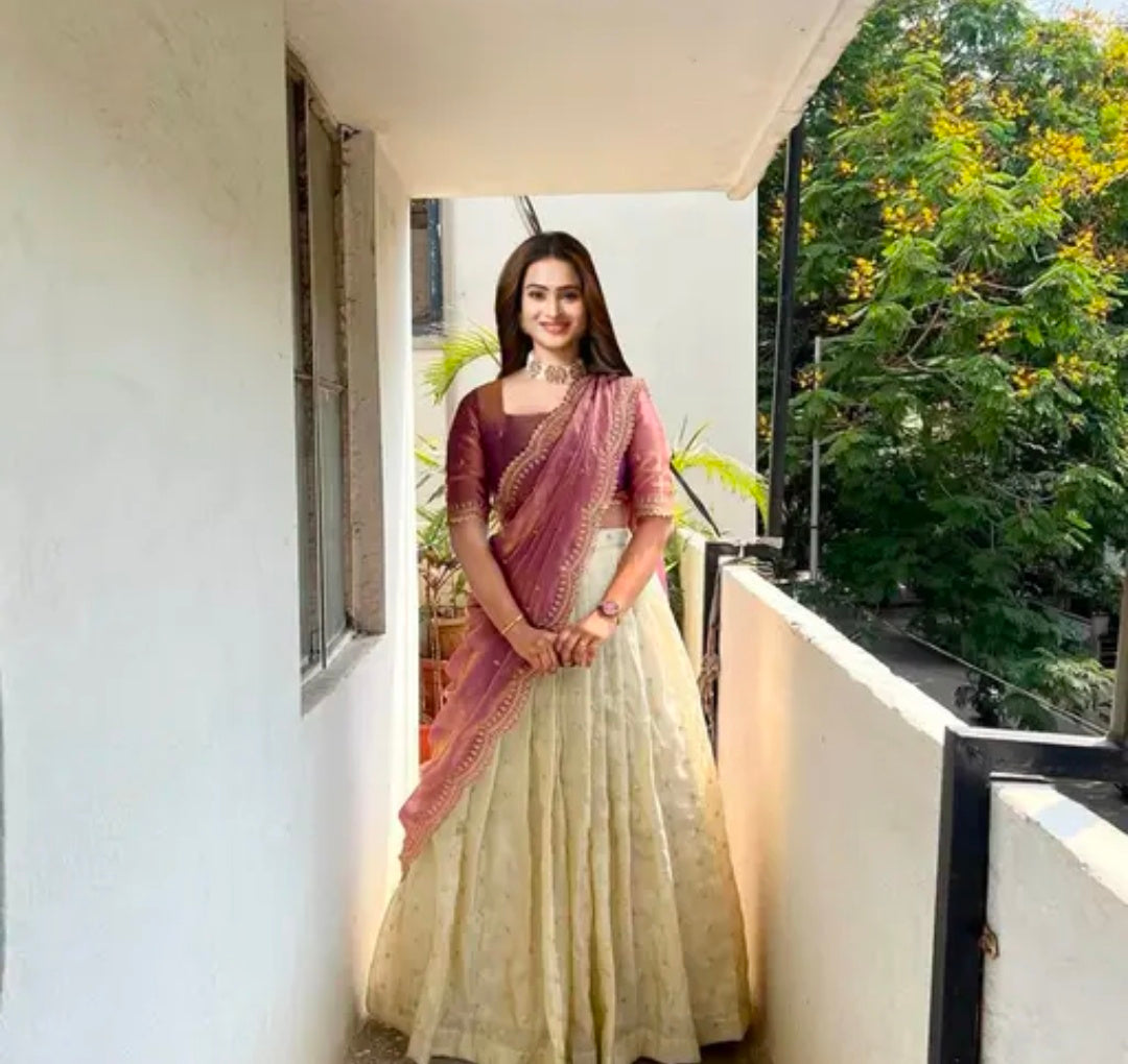 Net Embroidered Semi-Stitched Lehenga with Unstitched Blouse