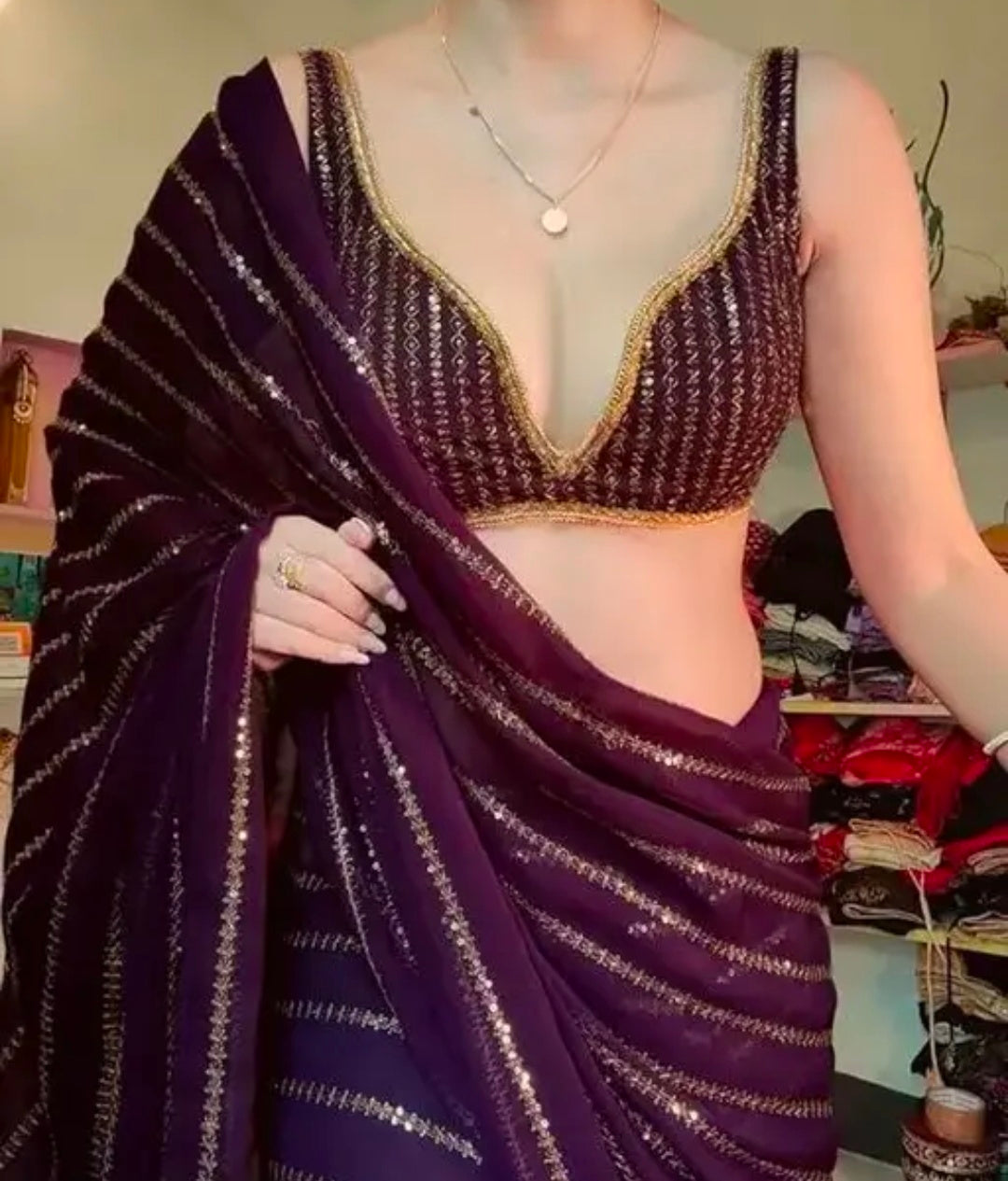 New Chapter Clothing Women's Thread Sequence Work Georgette Saree With Blouse