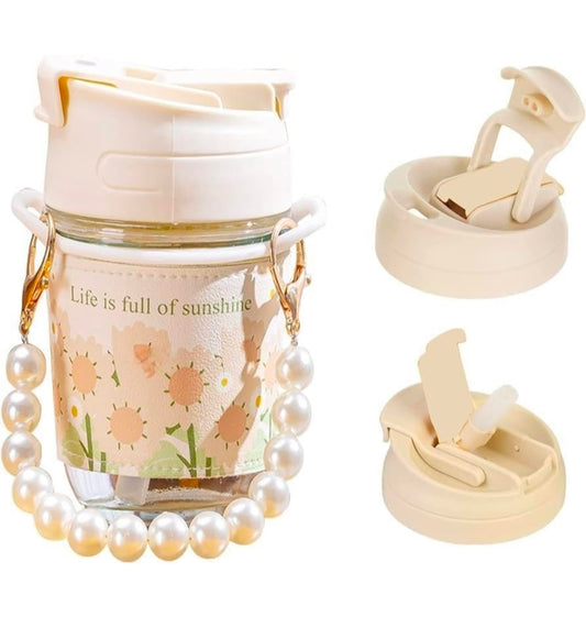 KELVEE Glass Coffee Tumbler with Lid and Straw Pack of 1, Milk Mug with Pearl Chain Belt & Leather Grip Reusable Travel Sipper Cute Mugs for Girls for Juice Smoothies iced Tea Cups, 350 Ml (Ivory)