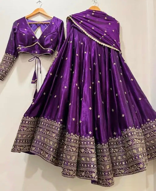 Silk Embroidered Purple Semi-Stitched Lehenga with Unstitched Blouse and Georgette Dupatta