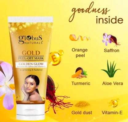 Globus Naturals Gold Peel Off Mask For Golden Glow, Enriched with Saffron & Vitamin-E, Brightening & Radiance, Suitable For All Skin Types, 75 g