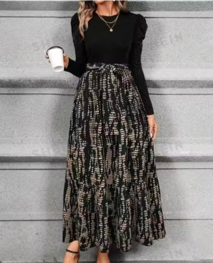 Hook i Clasi women's Autumn Dress With Bow Tie Belt,Leaf & Floral Patchwork A- Line Skirt Maxi Women Outfit