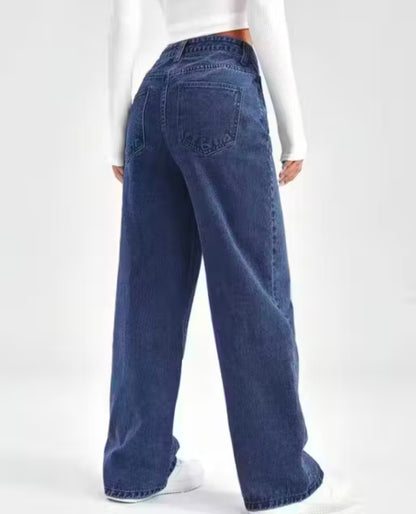 Cotton Dark Blue Wideleg Women Straight Jeans