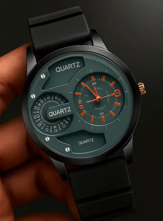 Men's Analog Quartz Wrist Watch | Black Dial Sporty Look | Trendy Silicone Strap Watch for Men | Dual Subdial Design