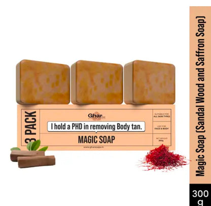 Ghar Soaps Sandalwood & Saffron Magic Soaps For Bath (300 Gms Pack Of 3) | Paraben Free | Chandan & Kesar Bath Soap | Handmade Soaps For Glowing | Skin Brightening Soap For Men & Women