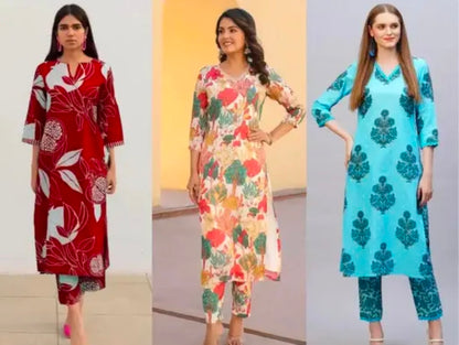 Women's cotton partywear kurti with pant set ( pack of 3 )