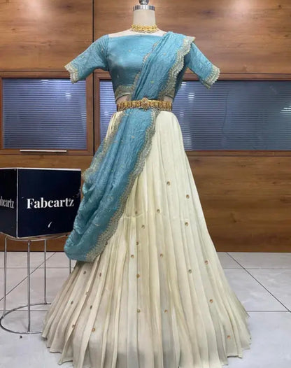 Net Embroidered Semi-Stitched Lehenga with Unstitched Blouse