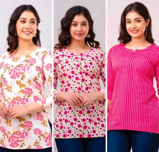 Women’s Short Printed Kurti Pack of 3 Cotton Casual Combo for Women