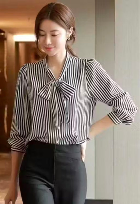 Classic Stripes Tie Up Neck Women Top