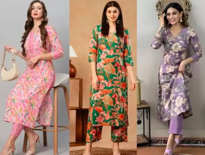Women's cotton partywear kurti with pant set ( pack of 3 )