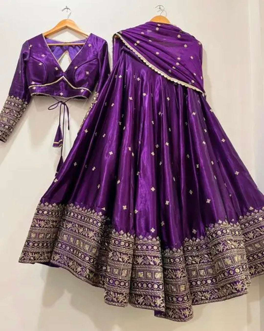 Silk Embroidered Purple Semi-Stitched Lehenga with Unstitched Blouse and Georgette Dupatta
