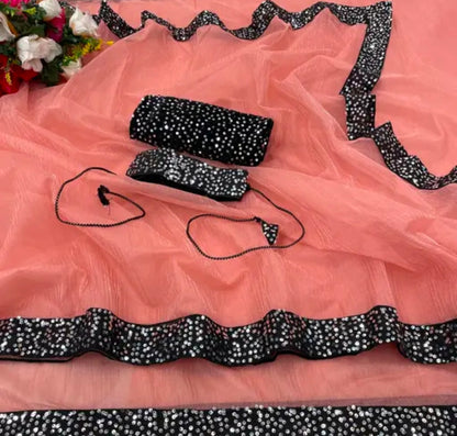 PLERIZA Women's Net Embroidered Sequence Work With Attractive belt sariii and Unstitched Blouse Piece